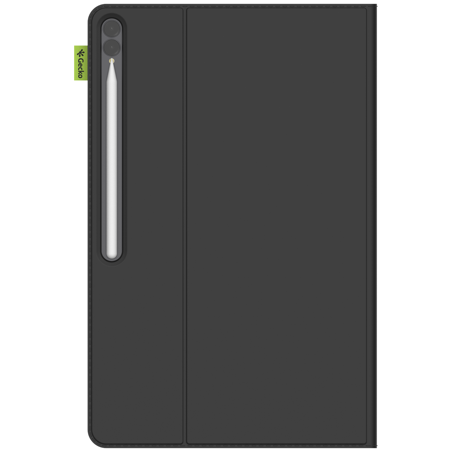 Black tablet case with a white stylus. A green Gecko tag is visible. The case is closed, with a magnetic flap.