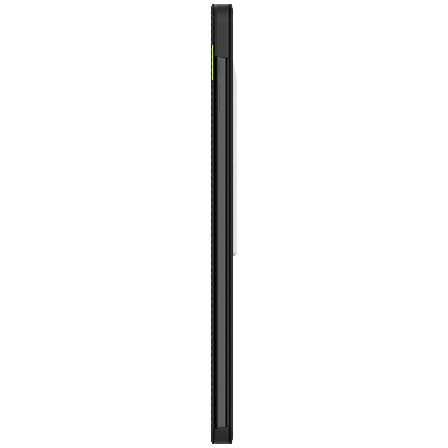 Side view of a black phone case, showing the side buttons, a small green accent, and a white insert.