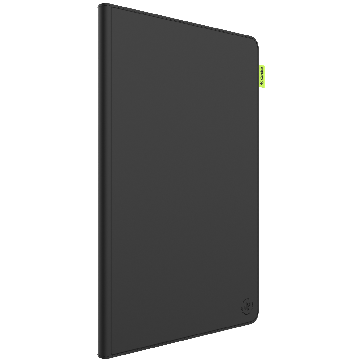 A black tablet case with a green Gecko tag. The case is made of smooth, matte material. The bottom has a logo.