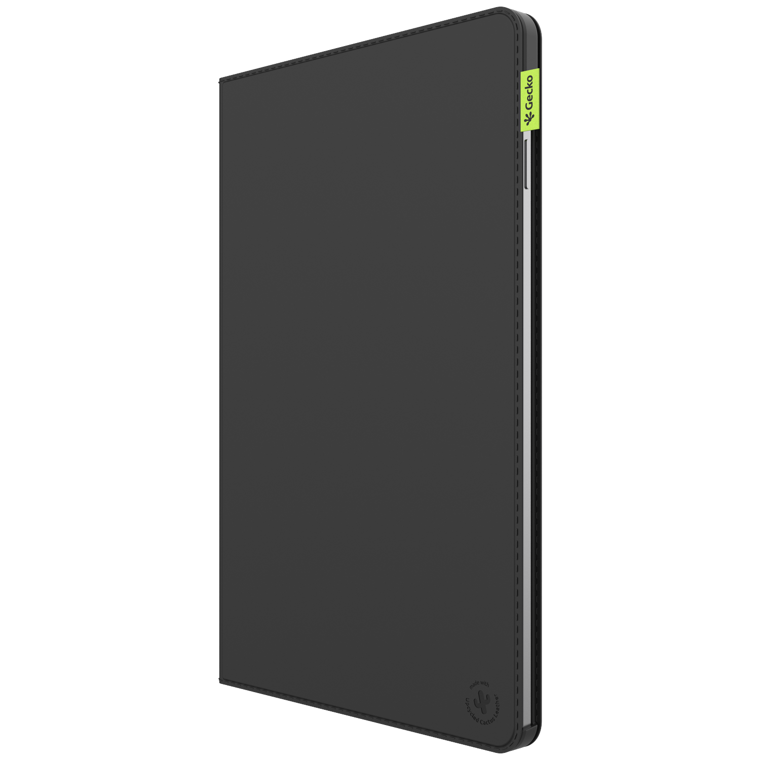 A black tablet case with white stitching and a green Gecko tag. The case is made with cactus leather. The background is white.