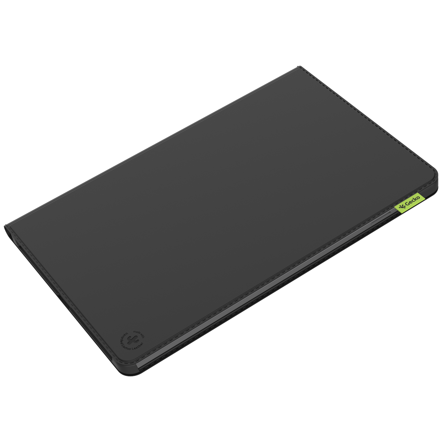 A black tablet case is shown at an angle. The case is closed, with a stitched edge and a green Gecko logo.