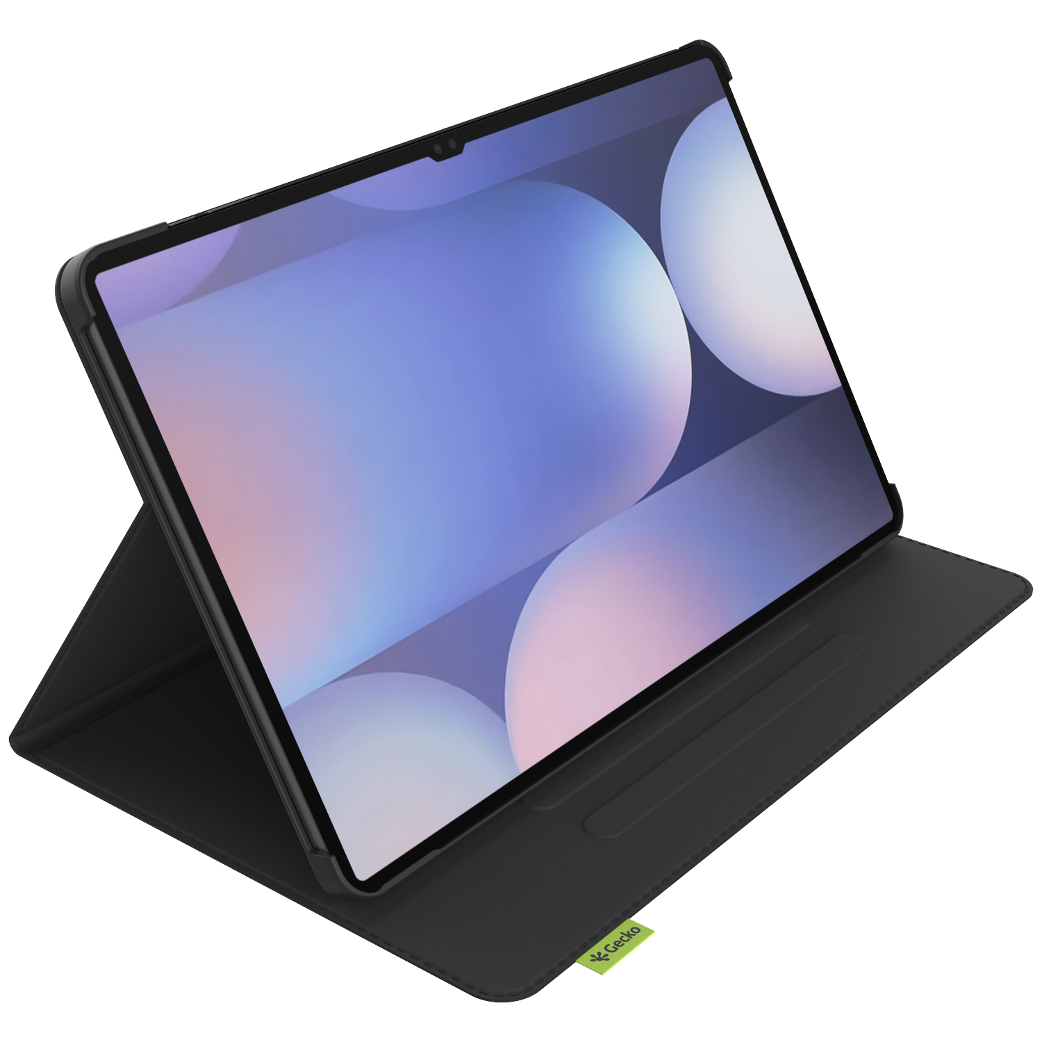 Tablet in a black case. The screen displays a colorful abstract image. The case is propped up, showing the Gecko brand label.