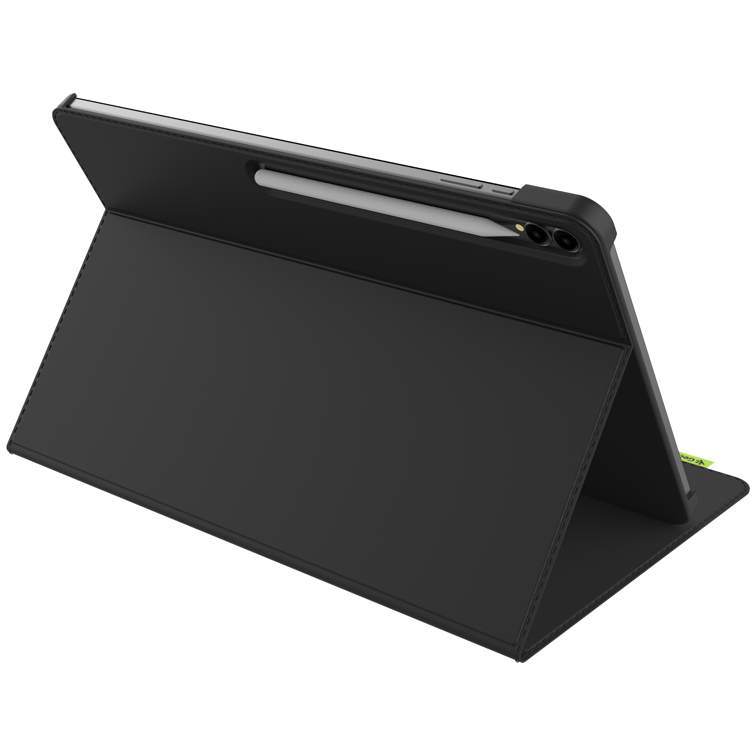 A black tablet case is propped open. A stylus is attached. The case is on a white background. The case has a stitch design.