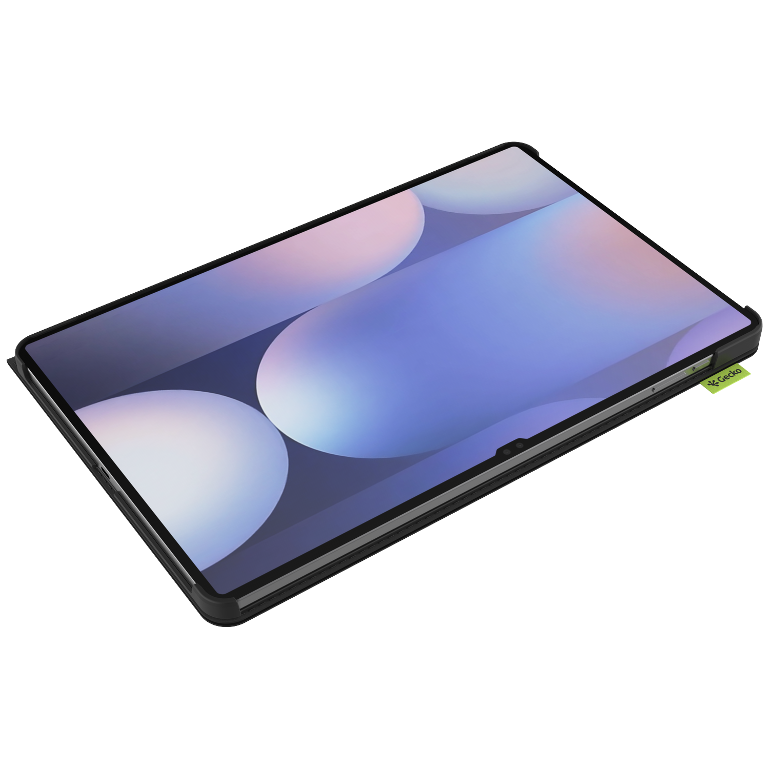 A tablet with a black case and a screen displaying blurred purple and white circles. A green Gecko tag is visible.