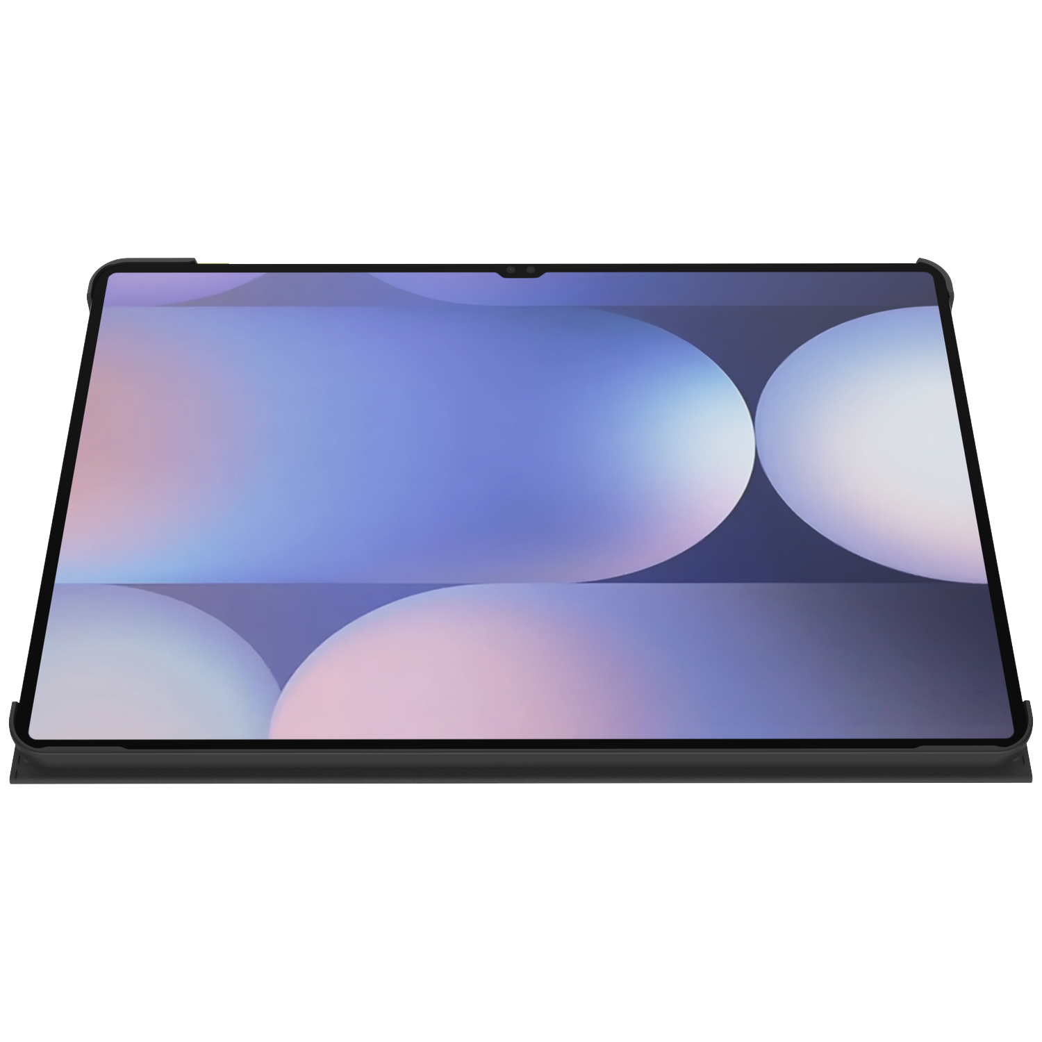 A tablet with a black border and a screen displaying a blue, pink, and white gradient design, set against a white backdrop.