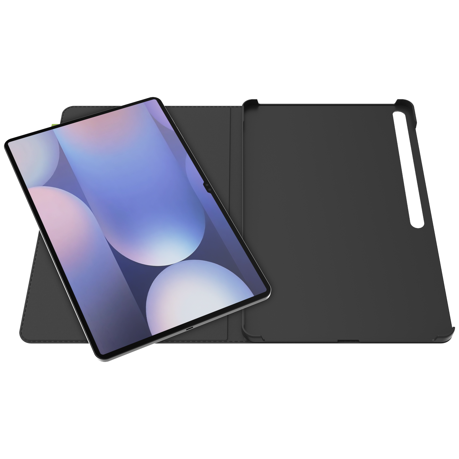 A tablet with a screen displaying a colorful design, resting in an open black case, set against a white backdrop.