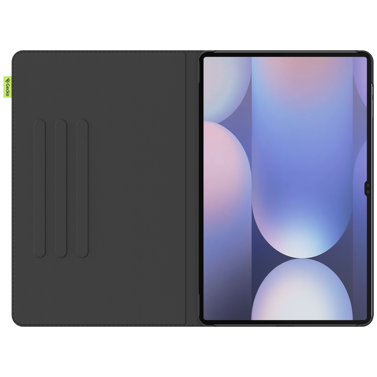 Tablet in a black case, open to display the screen. The screen shows abstract shapes in shades of purple and white.
