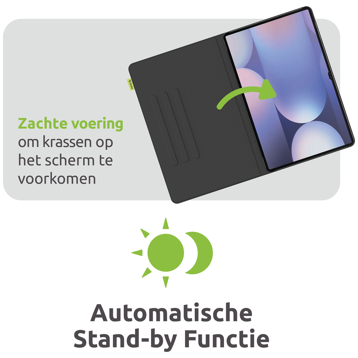 A black tablet case with a tablet inside, green arrow pointing to tablet. Text says 'Soft lining to prevent scratches'.