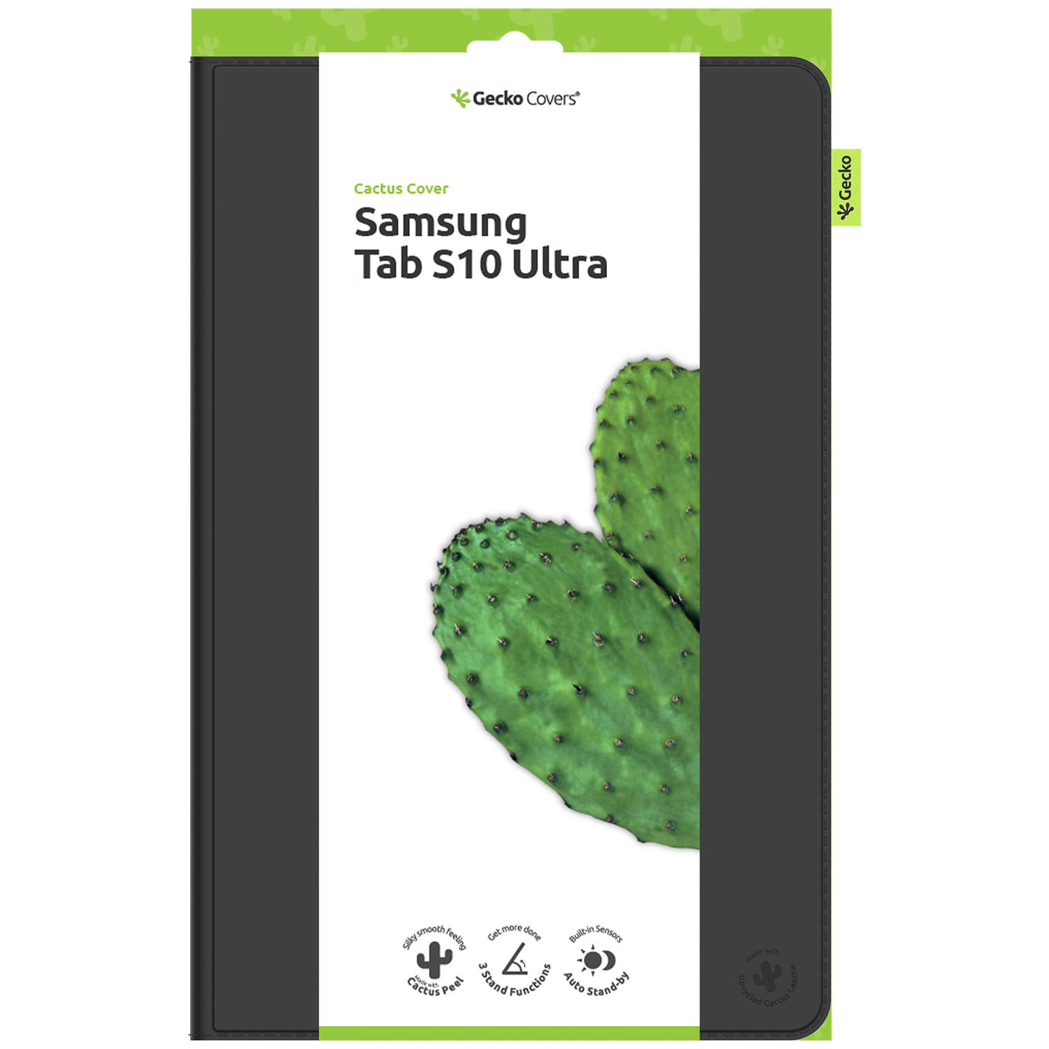 Tablet case packaging. Features a green cactus illustration, black case outline, and brand information. Text: Samsung Tab S10 Ultra.