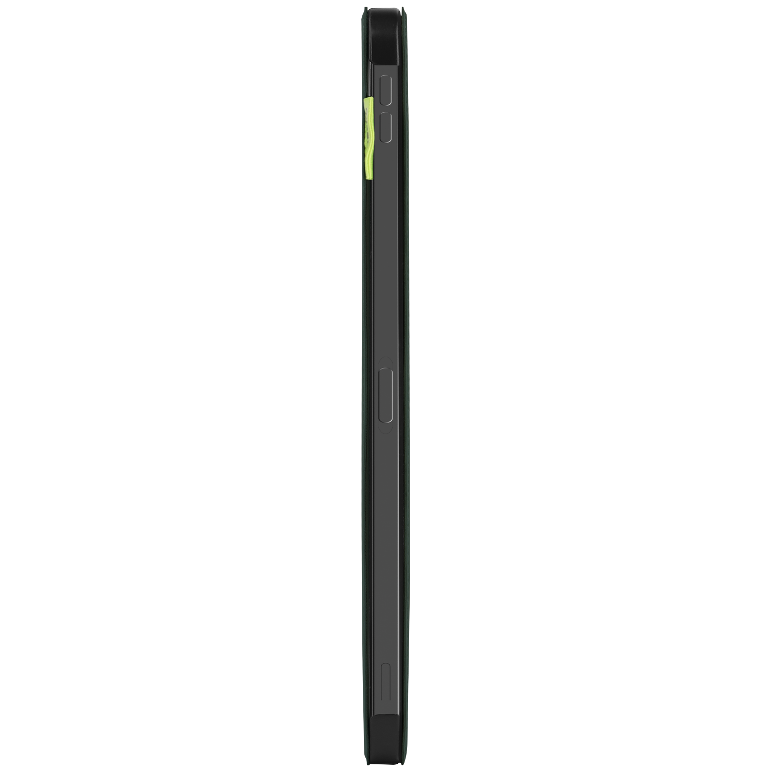 Side view of a black phone in a dark green case with a neon green accent.