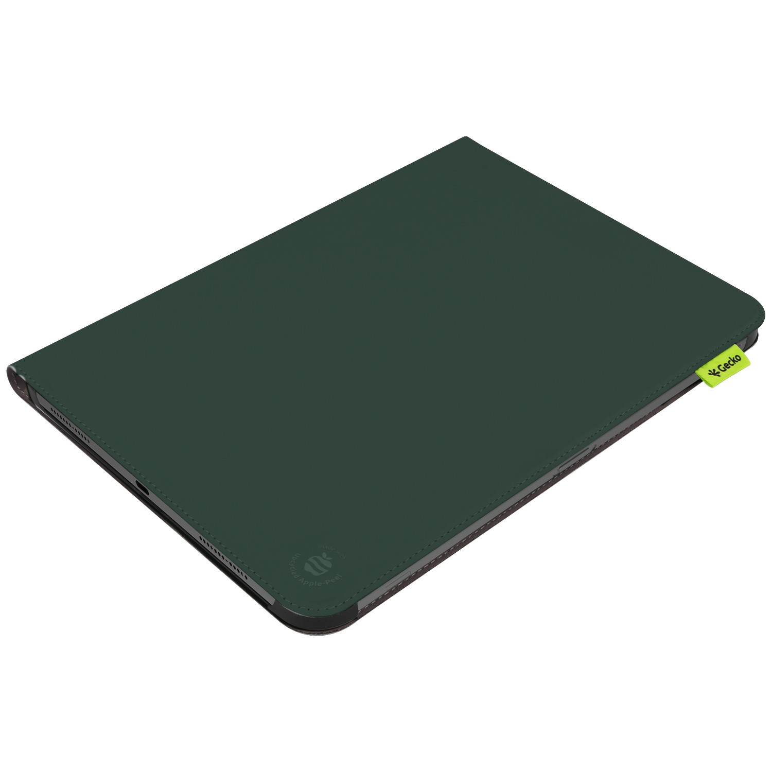 A dark green tablet case with a Gecko logo. The case is partially open, revealing a dark interior and a black border.