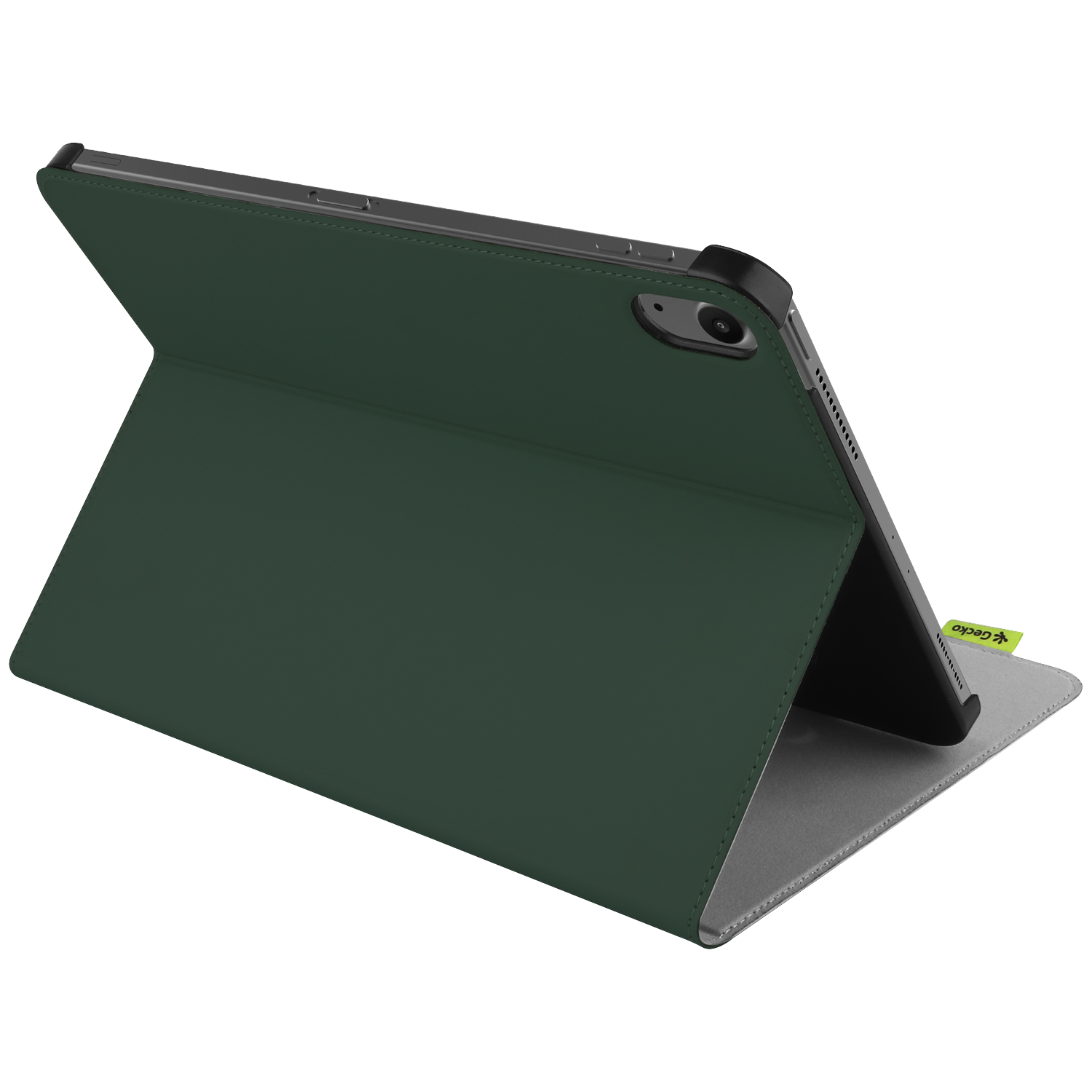 A dark green tablet case, open and propped up. The inside is grey. The case has a camera and a small Gecko tag.