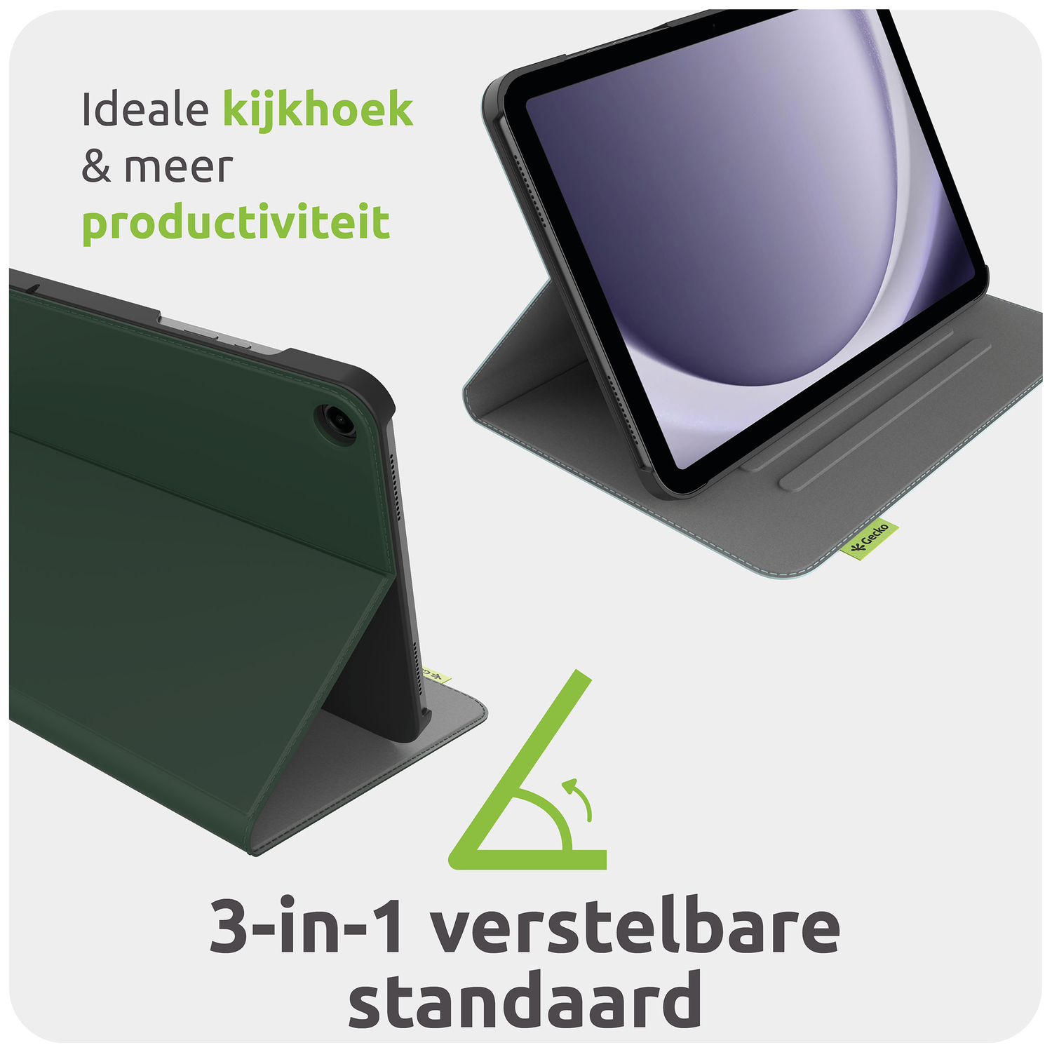 A tablet is in a green case, and a gray case. Text says '3-in-1 adjustable stand', and 'Ideal viewing angle and more productivity'.