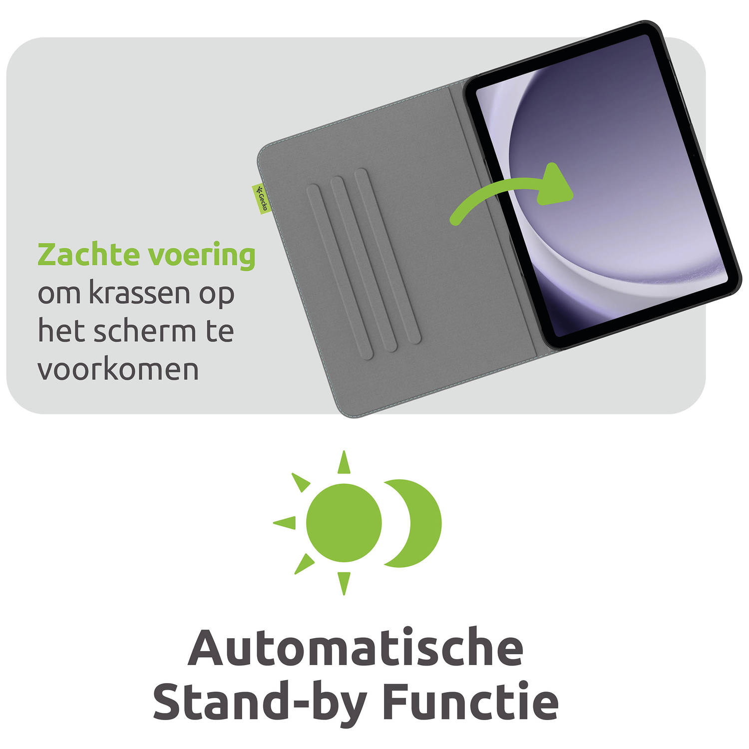 A tablet in a gray case. Text says 'Soft lining to prevent scratches on the screen' and 'Automatic Stand-by Function'.