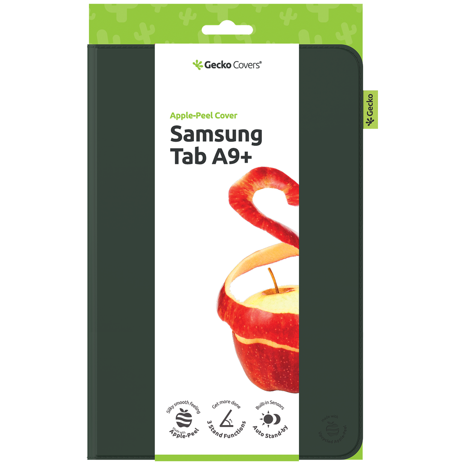 A Samsung Tab A9+ cover with an apple peel design. Green case with white panel, product info, and illustrations. Gecko Covers logo.