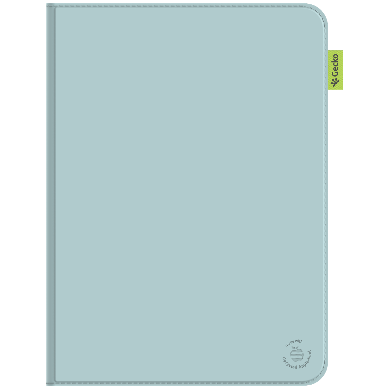 A light blue tablet case with a Gecko label. The case is made of recycled apple peel material. Stitched edges.