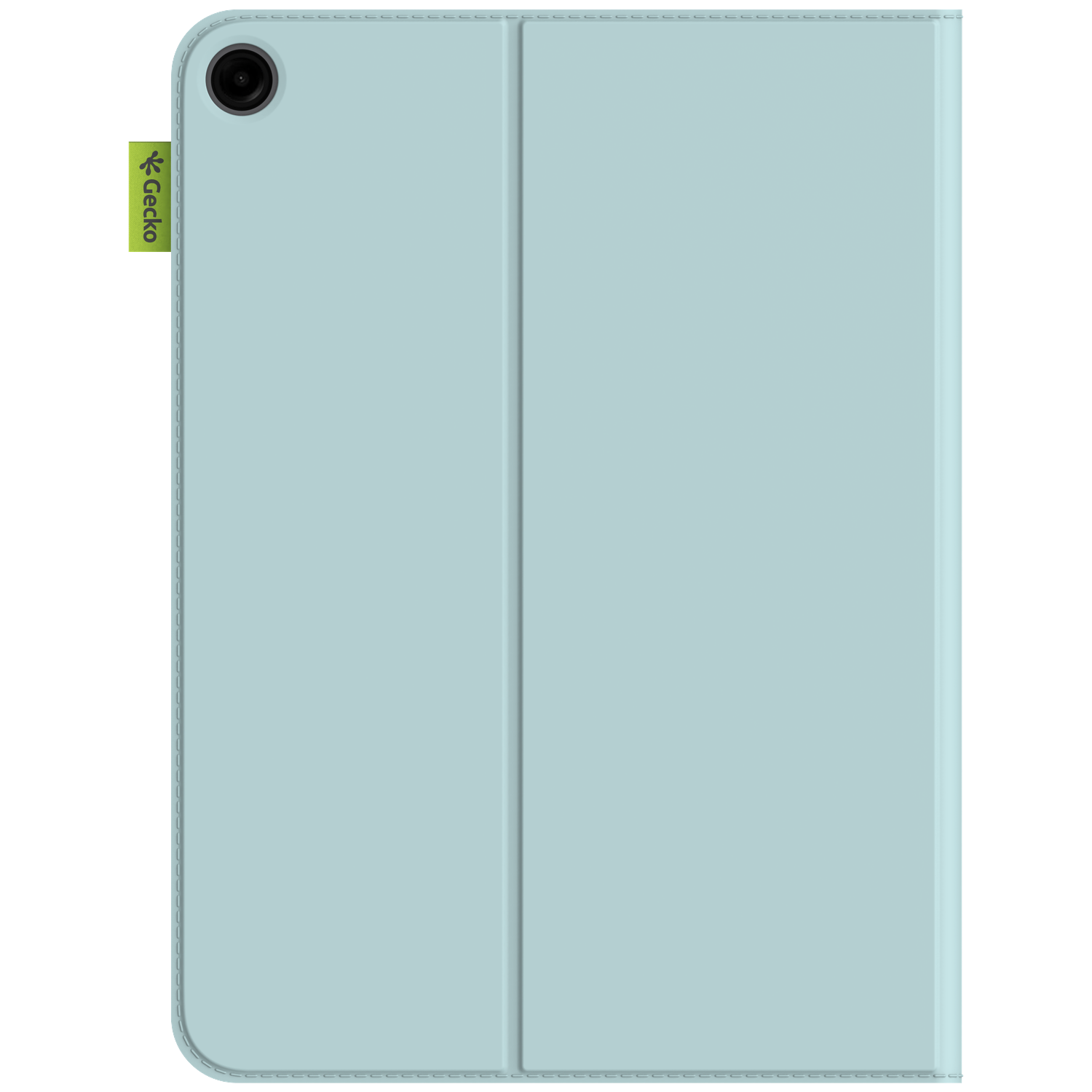 A light blue tablet case with a camera lens and a green Gecko tag. The case is folded in half.