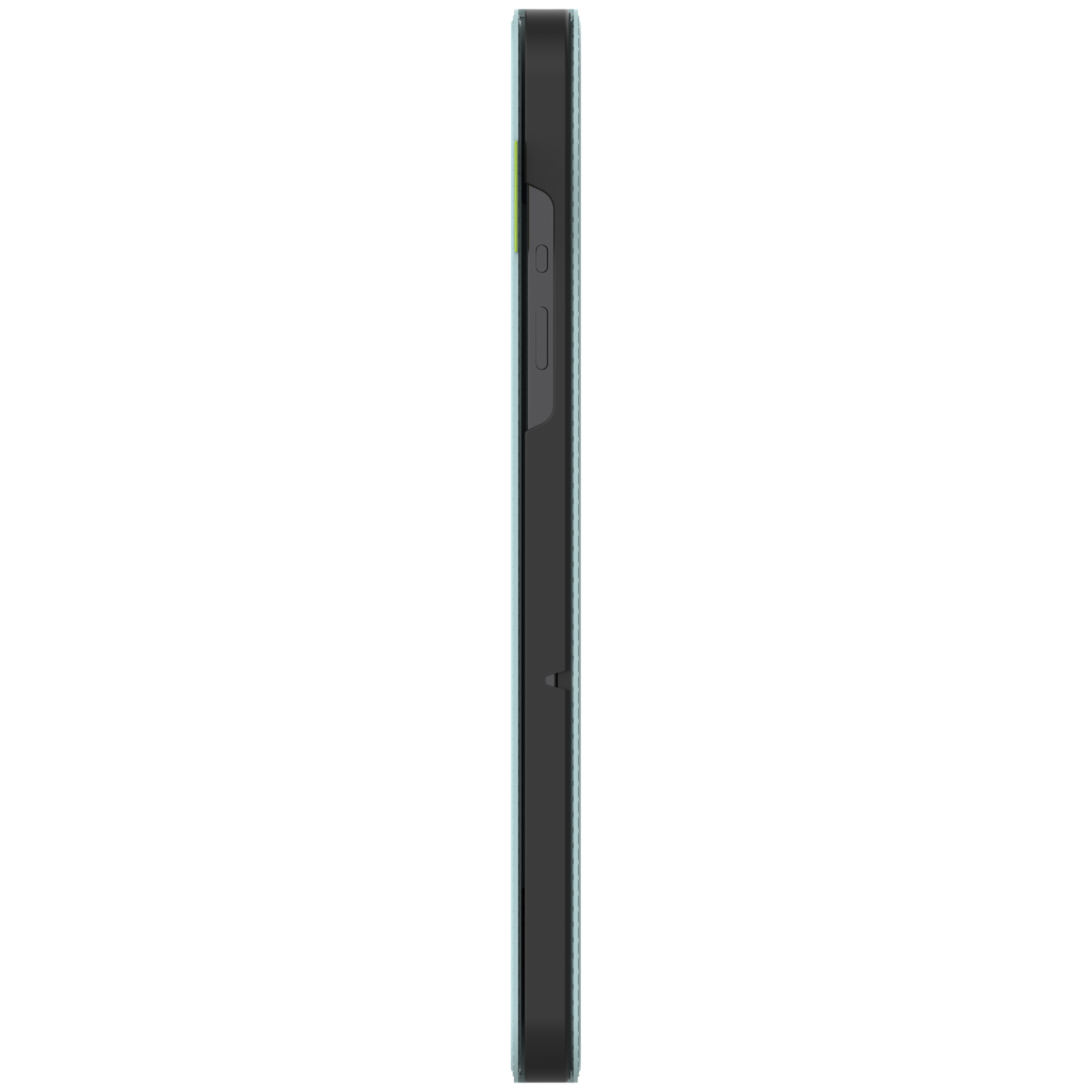 Side view of a phone case. It has a black frame, light blue edges, and black buttons on the side. The case is upright.