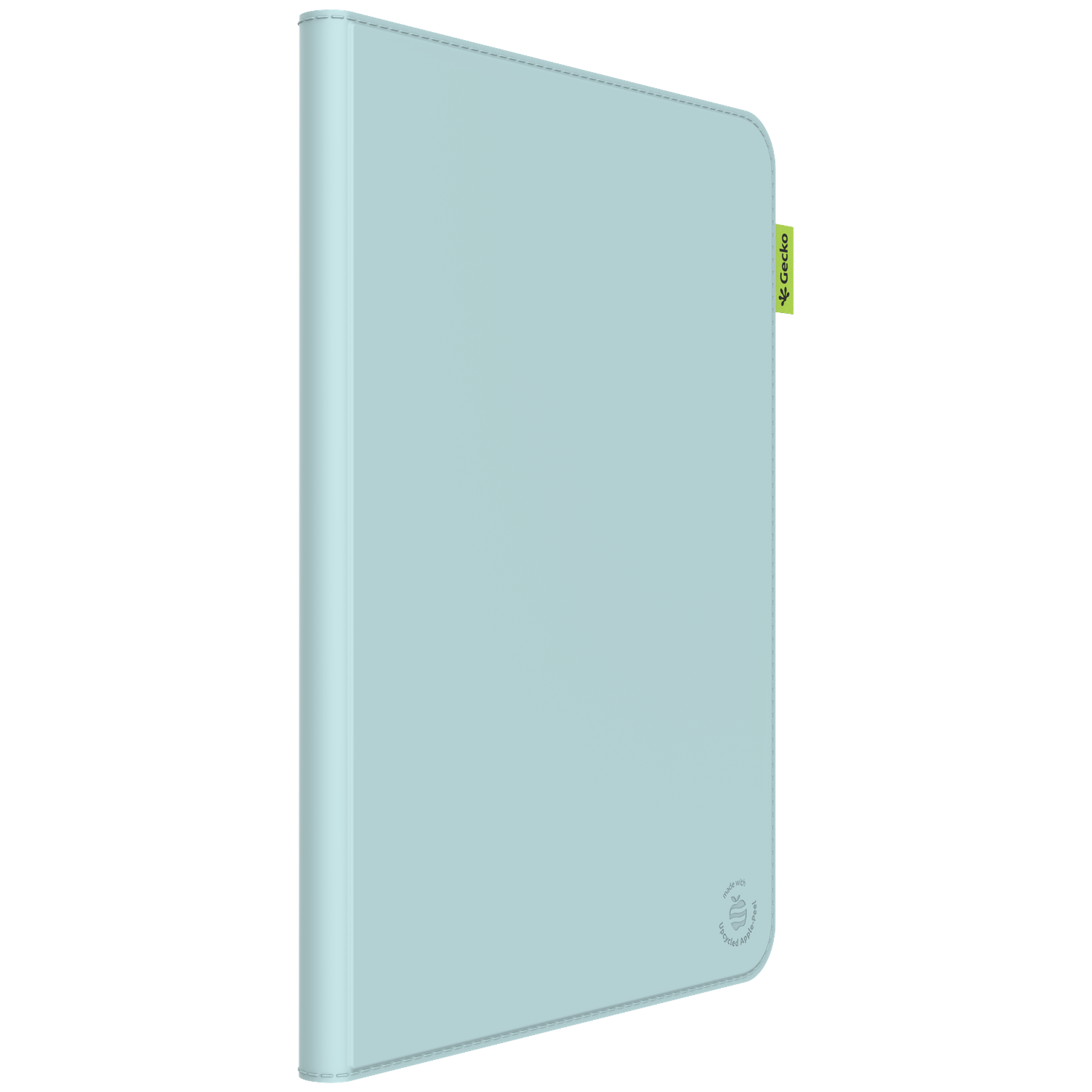 A light blue tablet case. It has a stitched edge, a green Gecko tag, and a logo of a leaf with the text 'made with recycled apple peel'.