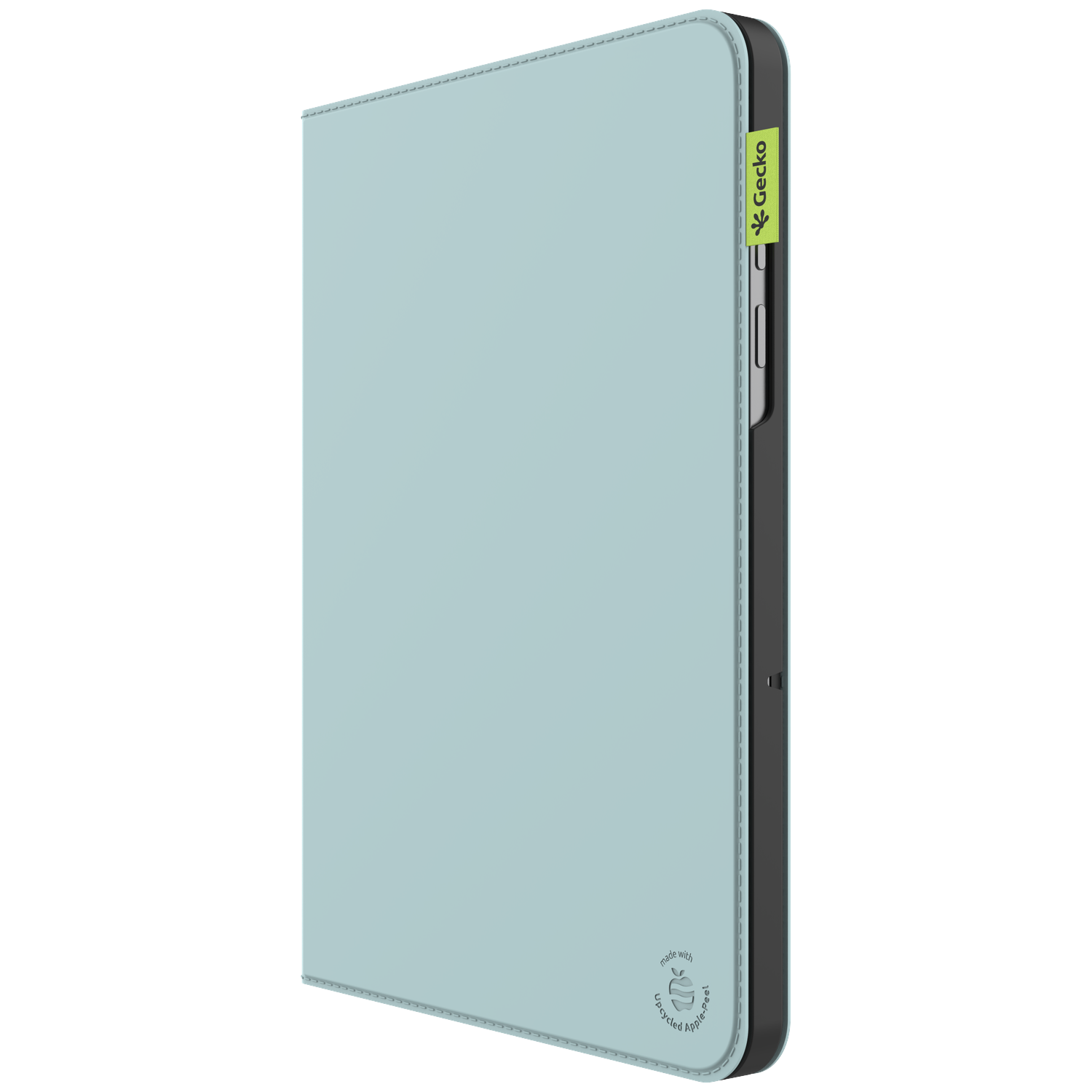 A light blue tablet case with black edges, Gecko logo, and stitching. The case is made with upcycled apple peels.