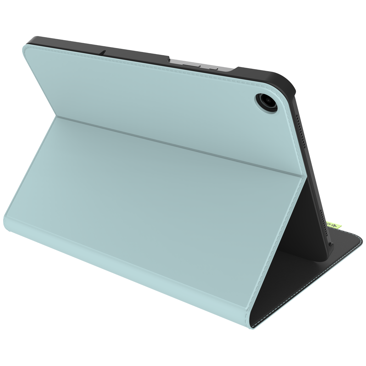 An open tablet case. The case is light blue on the outside and black on the inside. The tablet is black.
