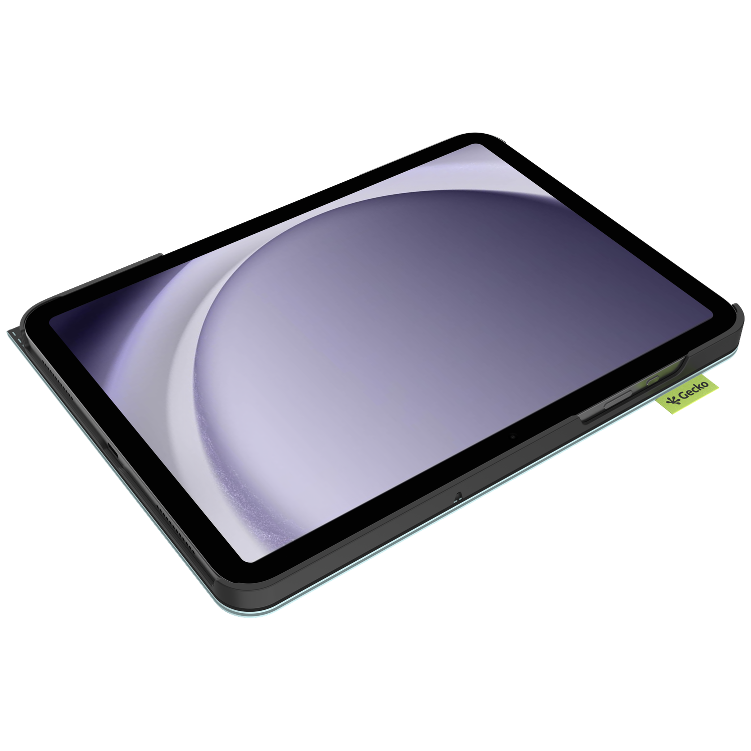 Tablet in a case, showing a screen with a light purple abstract design. The case has a black frame and a green Gecko tag.