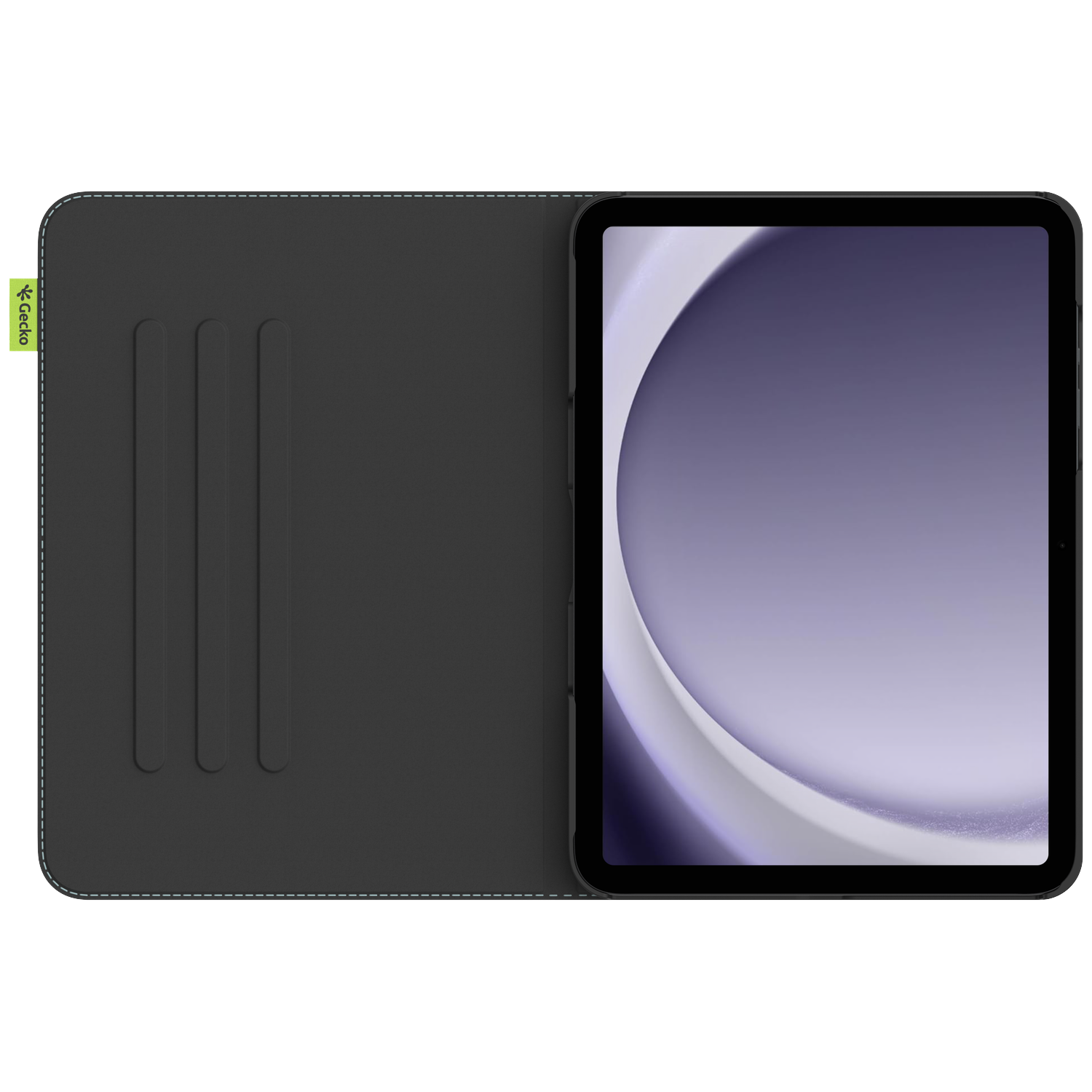 An open black tablet case with an iPad inside. The screen shows a white and purple gradient. The case has three card slots.