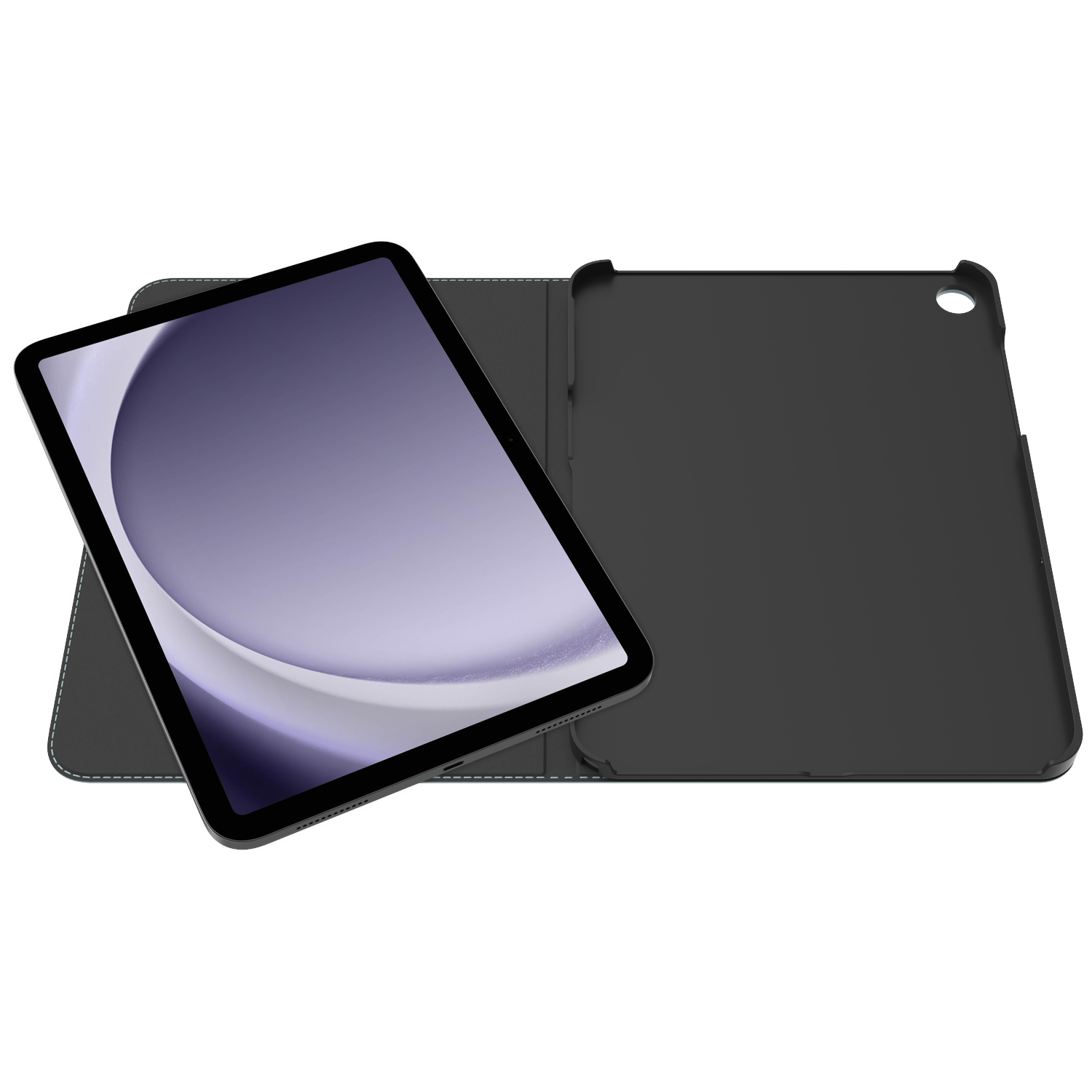 An open black tablet case with an iPad inside, showing a purple and white display. The case is on a white surface.