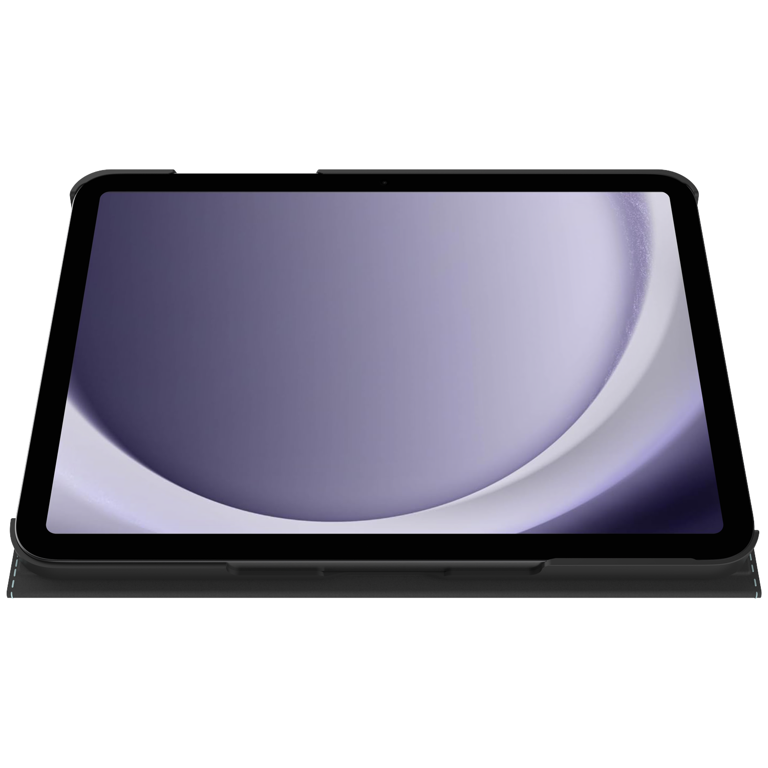 A black tablet with a curved display is slightly angled against a white background. The screen shows a purple and white design.