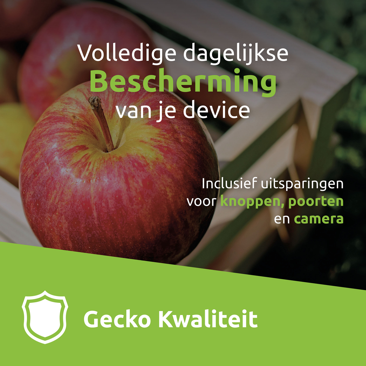 A red apple in front of a wooden crate. Text reads 'Full daily protection for your device' and Gecko Quality.