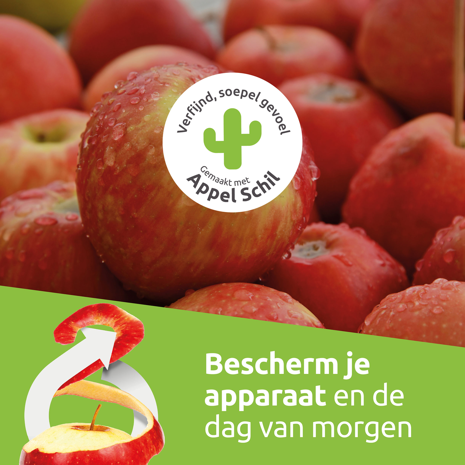 Close-up of wet red apples with a peeled apple in the foreground and text 'Bescherm je apparaat en de dag van morgen'.