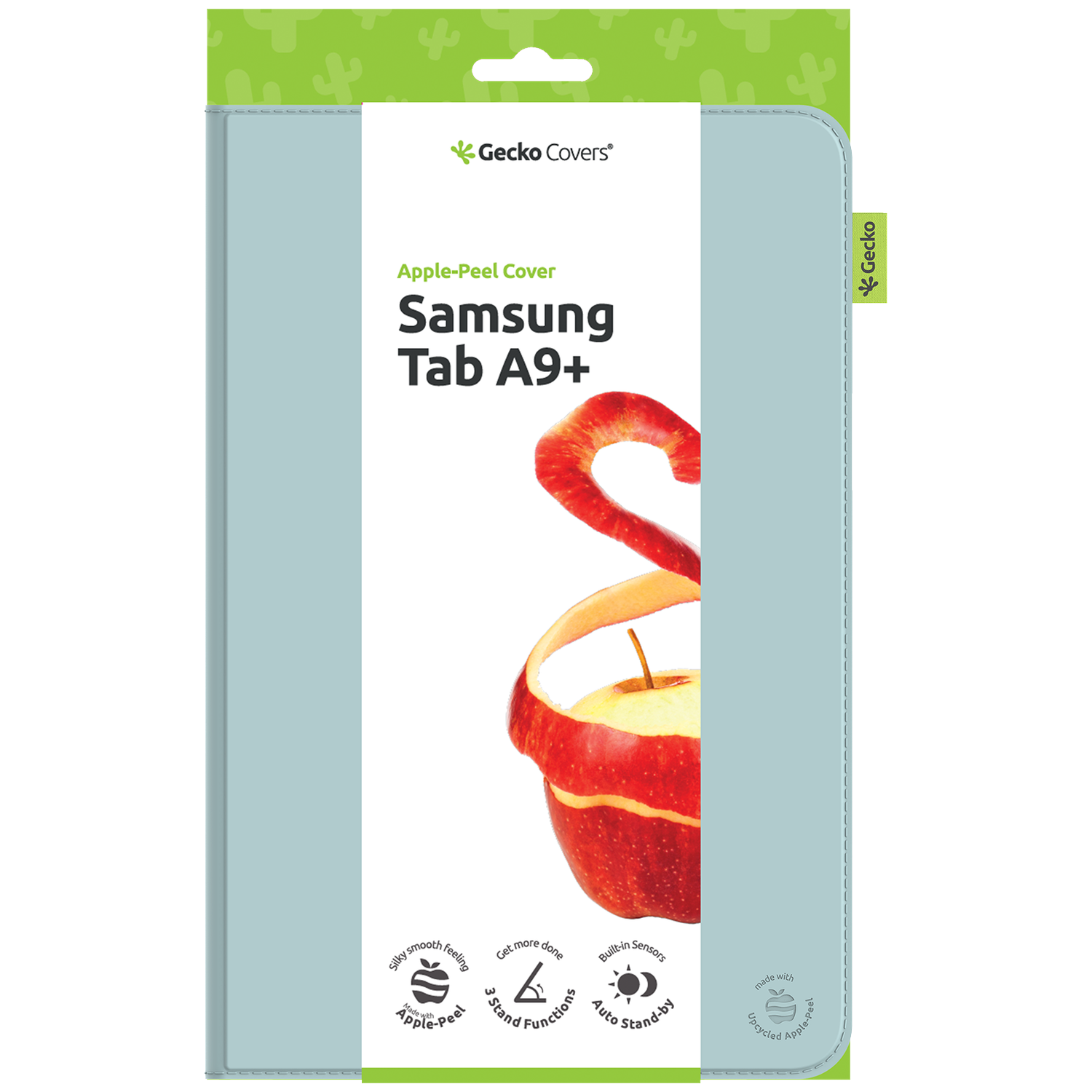 A tablet cover package. It has a light blue cover with a red apple peel design, and the text 'Samsung Tab A9+'.