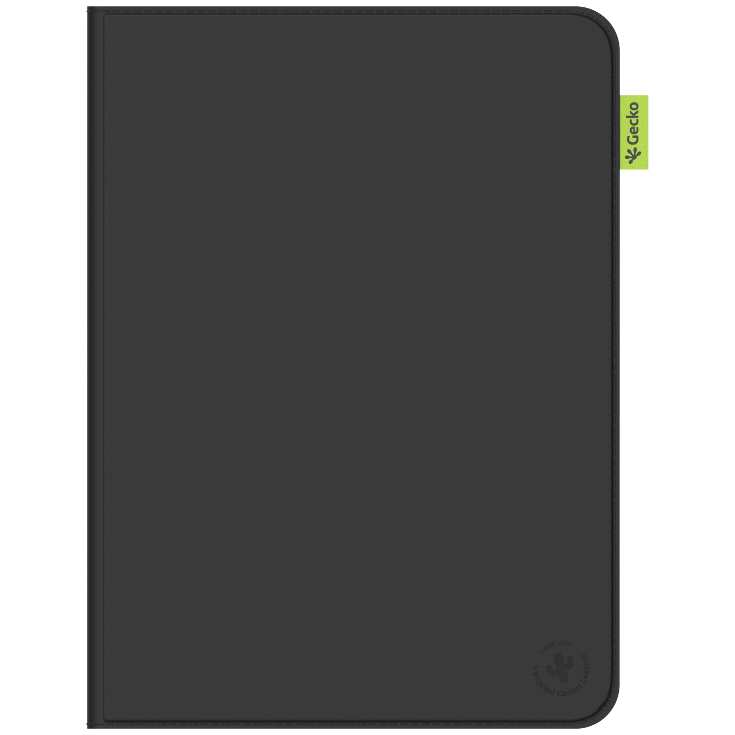 A black tablet case with rounded corners. A green label with the word 'Gecko' and a logo is on the right. The bottom has a logo.