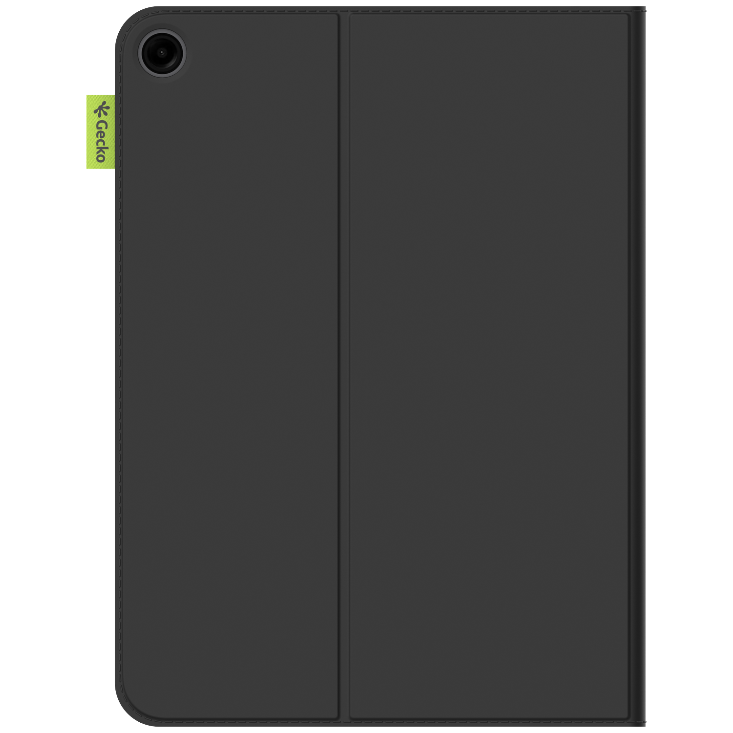 A black tablet case with a camera lens and a green 'Gecko' tag. The case is closed.