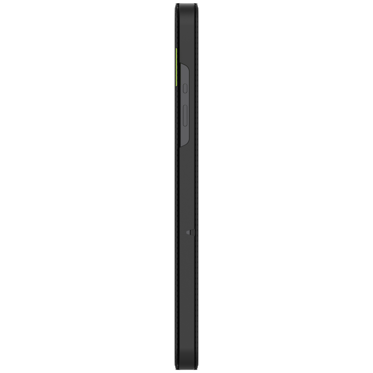 A black phone case, side view, with volume buttons and a power button. A green accent is visible on the side.