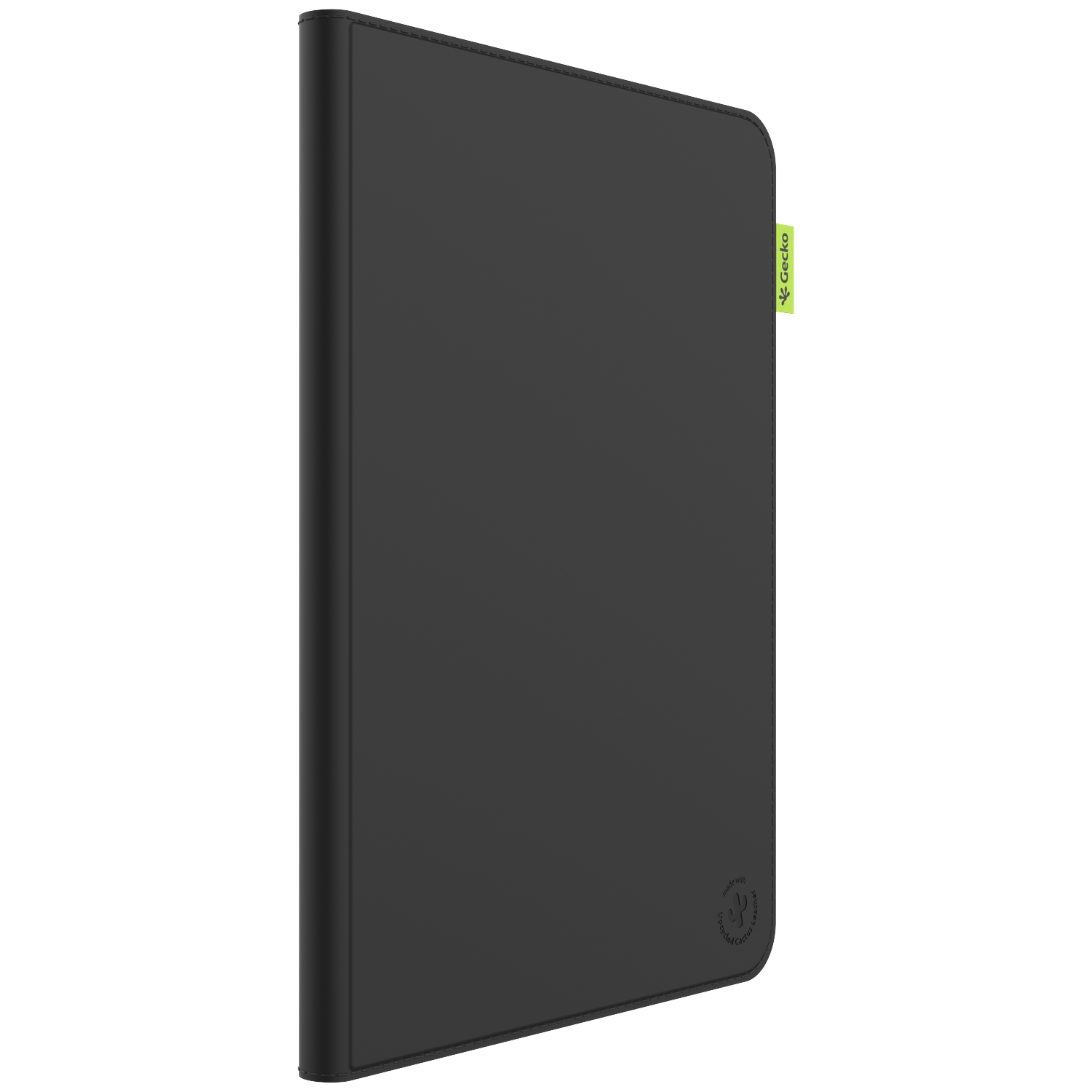 A black folio case. A green Gecko label is on the side. The bottom has a small cactus logo. The case is on a white background.