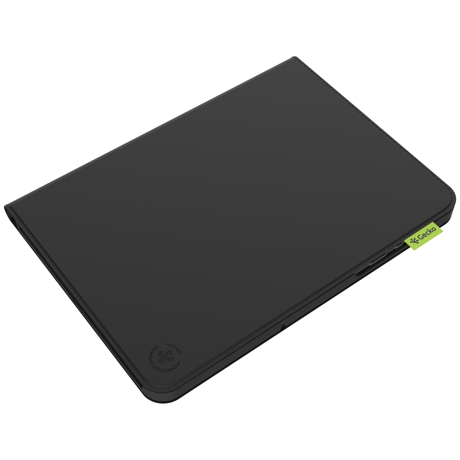 A black tablet case made from recycled cactus leather. The case has the Gecko logo and a label that says 'made with recycled cactus leather'.