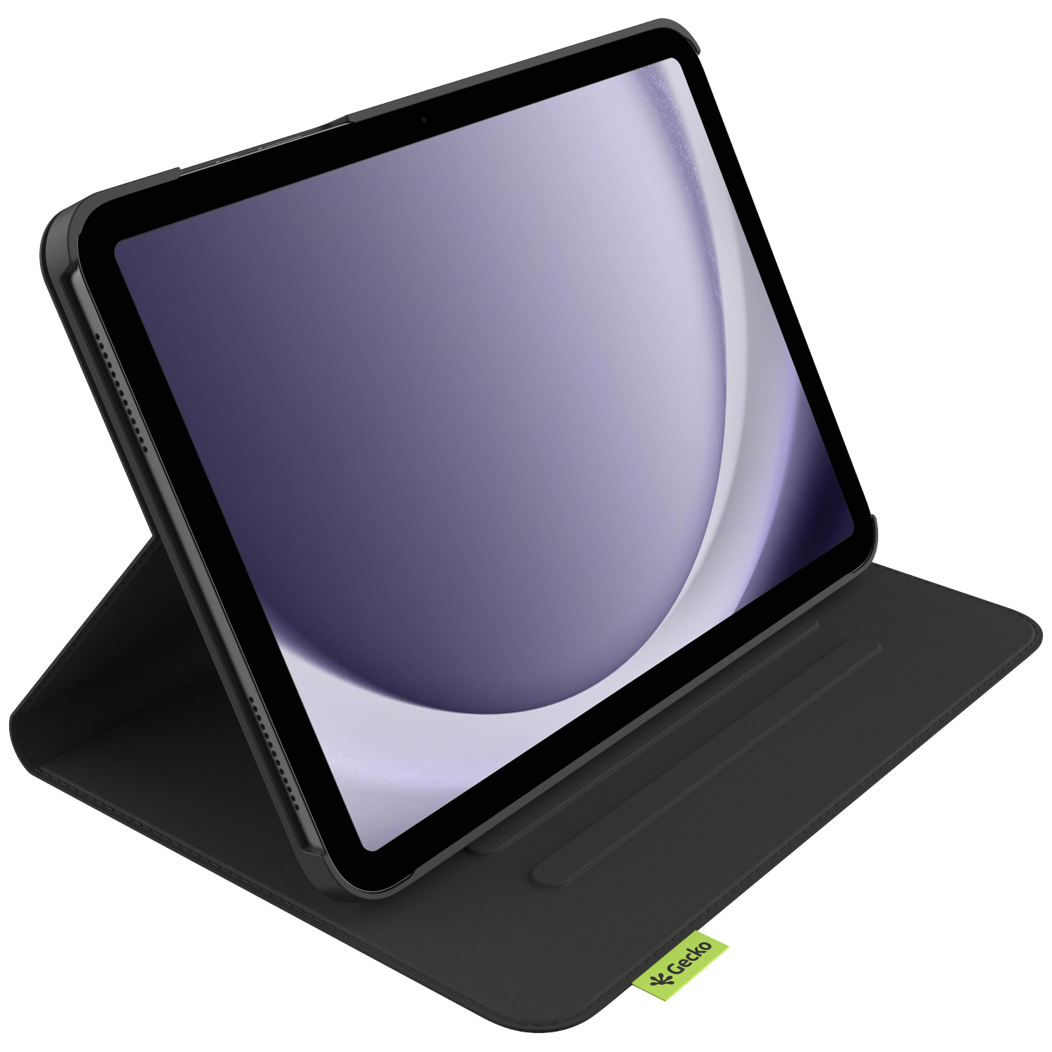 A black tablet in a black case, propped open. The screen shows a light purple, curved design. A green Gecko tag is visible.
