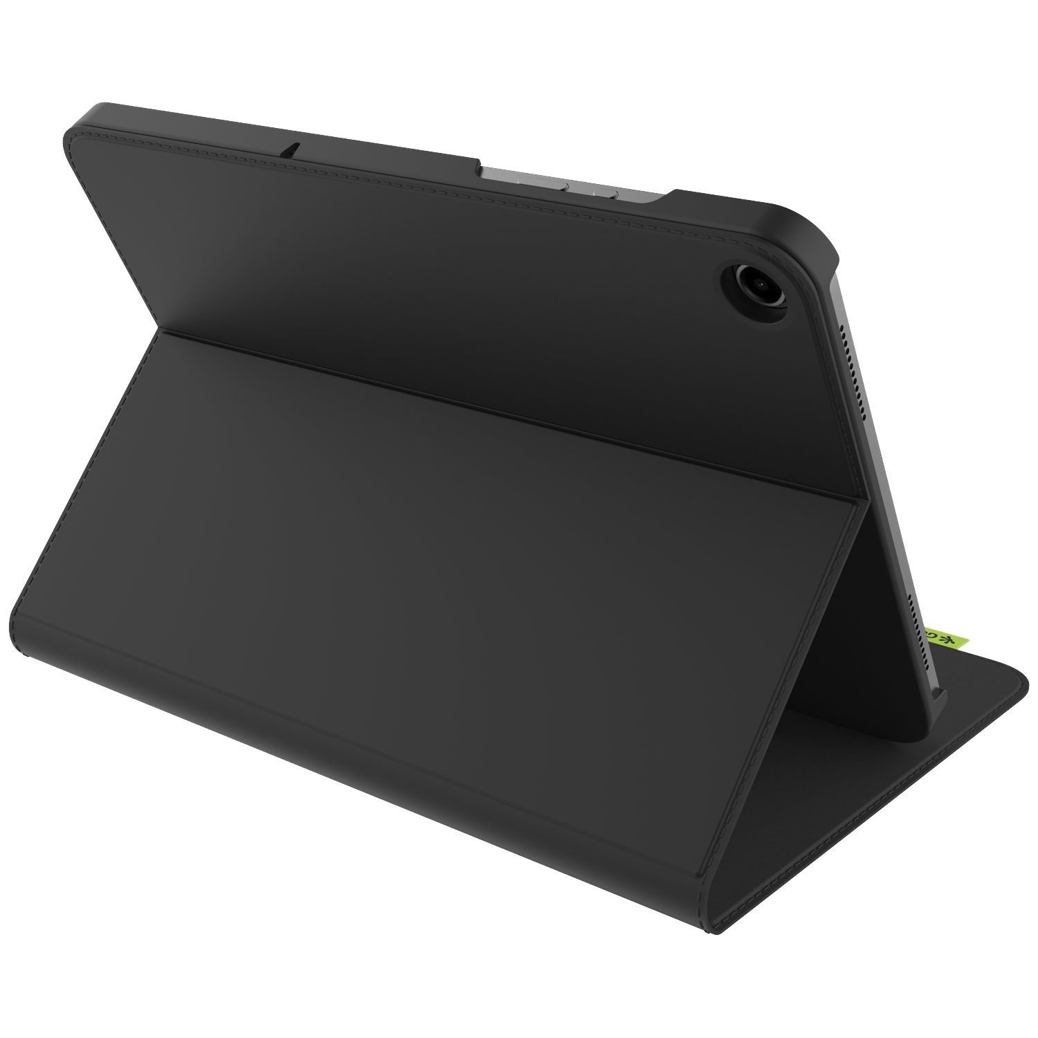 A black tablet case in an open position, showing the front cover, the back, and the tablet. The case is on a white background.