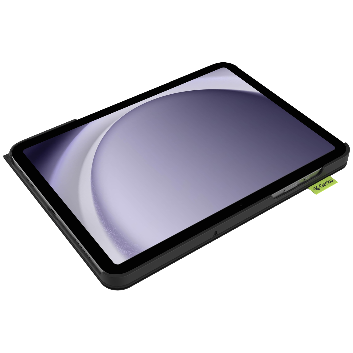 A tablet in a black case with a purple and white abstract background on the screen. The case has a Gecko tag.