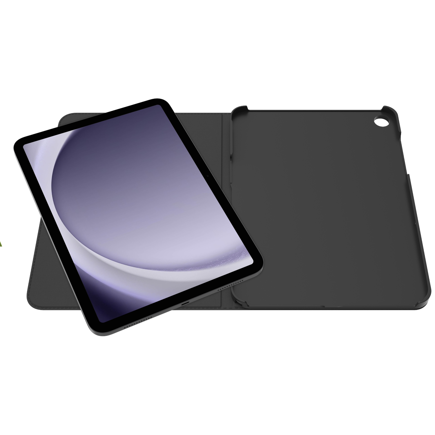 Tablet with a black case, open on a white background. The screen displays a light purple gradient. The case is open.