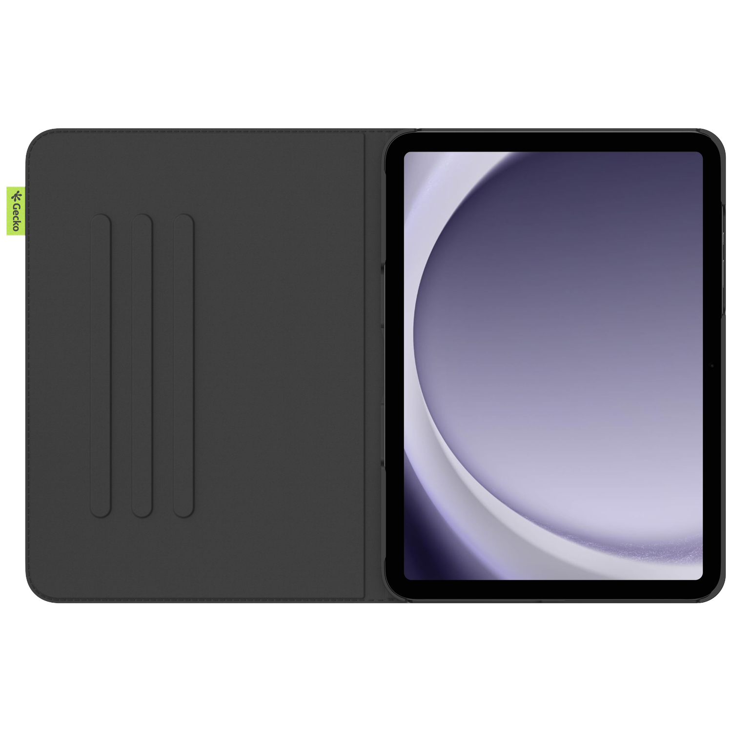 An open black tablet case with a tablet inside. The tablet screen displays a gradient of purple and white colors.