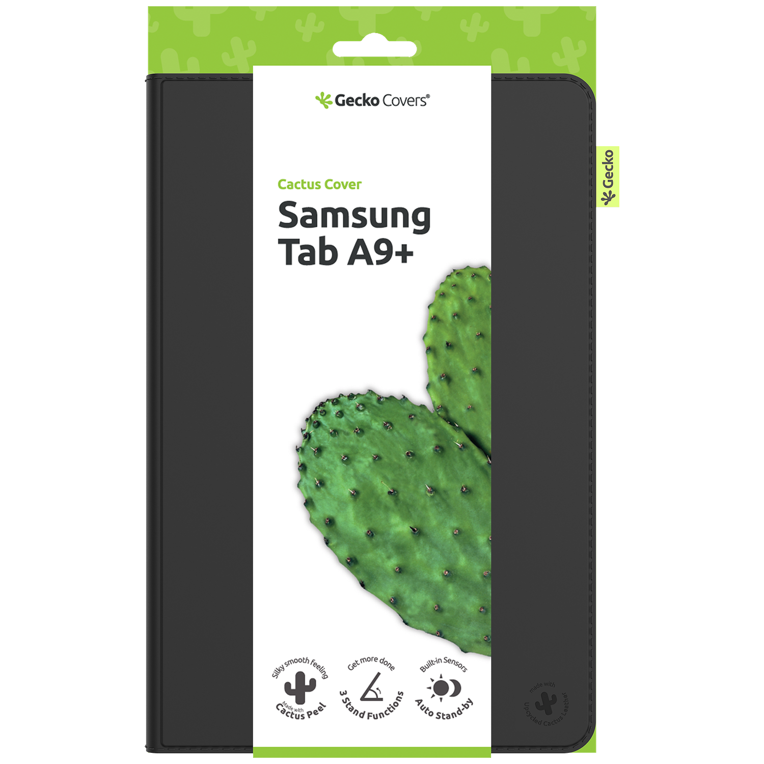 Tablet cover for Samsung Tab A9+. Black with a green cactus design. Gecko Covers logo in the top right corner.