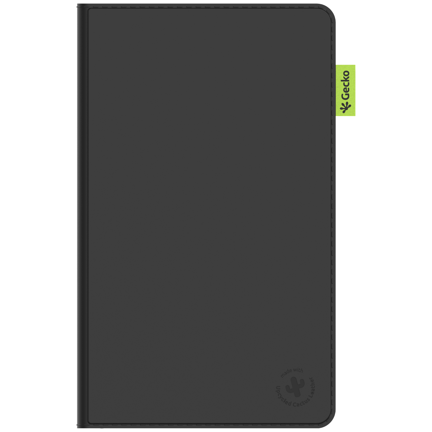 Black tablet case with green Gecko tag. Bottom right corner shows 'upcycled cactus leather'. Case is closed.