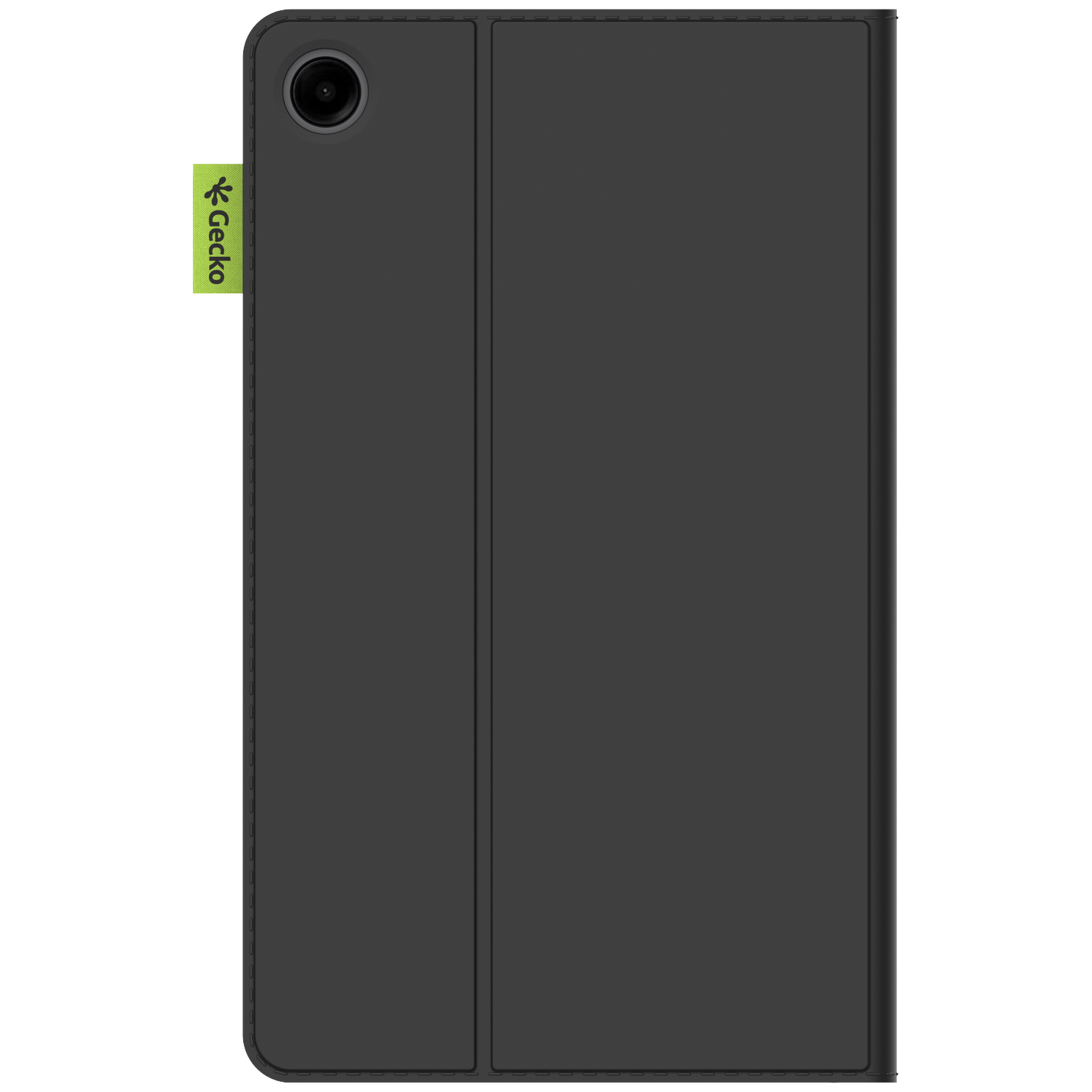A black tablet case with a camera lens and a green Gecko tag. The case is closed and has a smooth texture.
