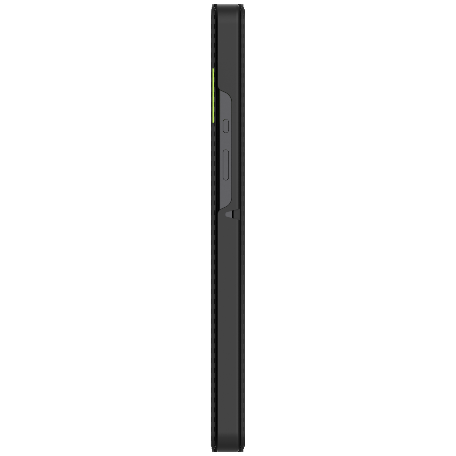 Side view of a black phone case with a green accent. Volume and power buttons are visible on the side. The background is white.