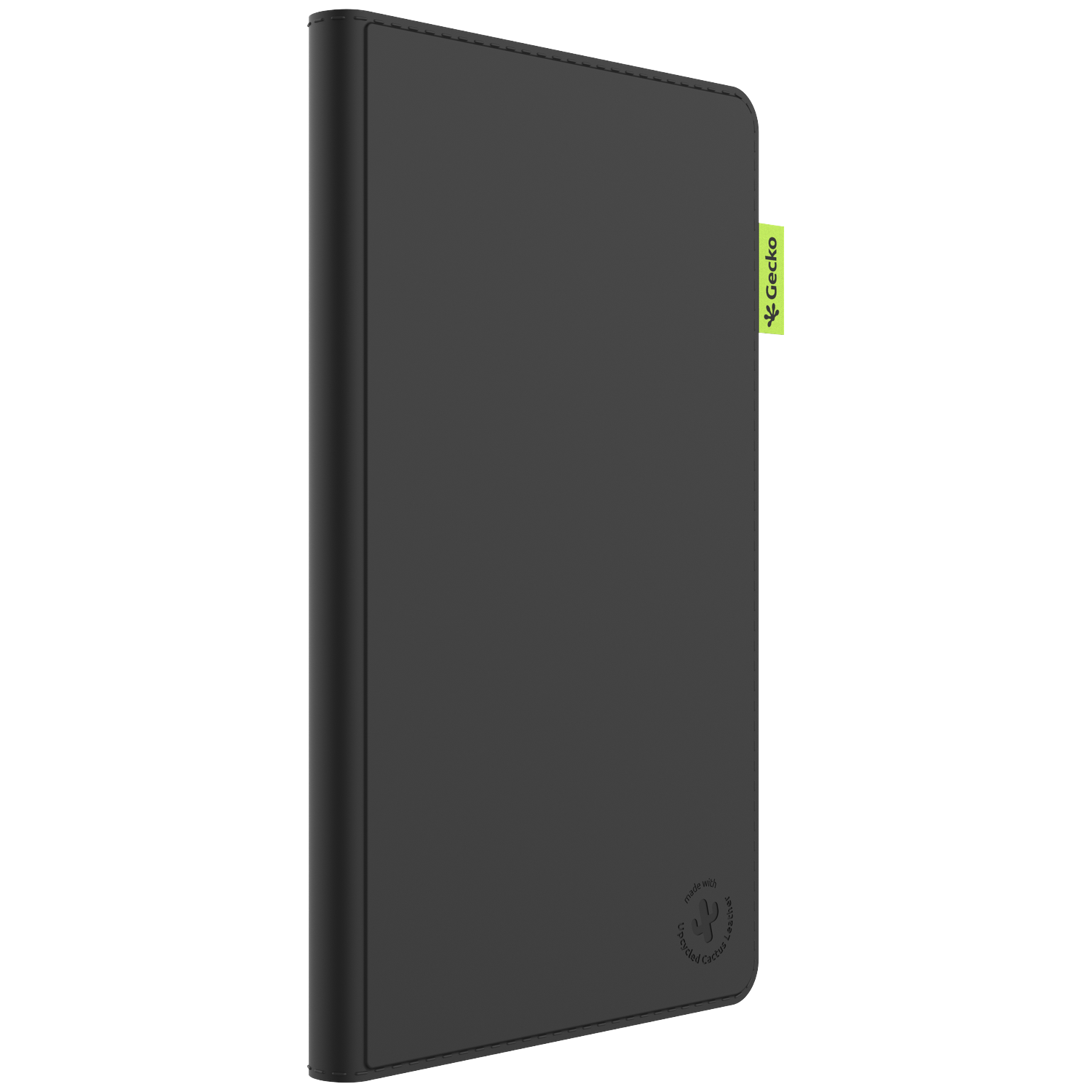 A black tablet case made of recycled cactus leather with a green Gecko tag.