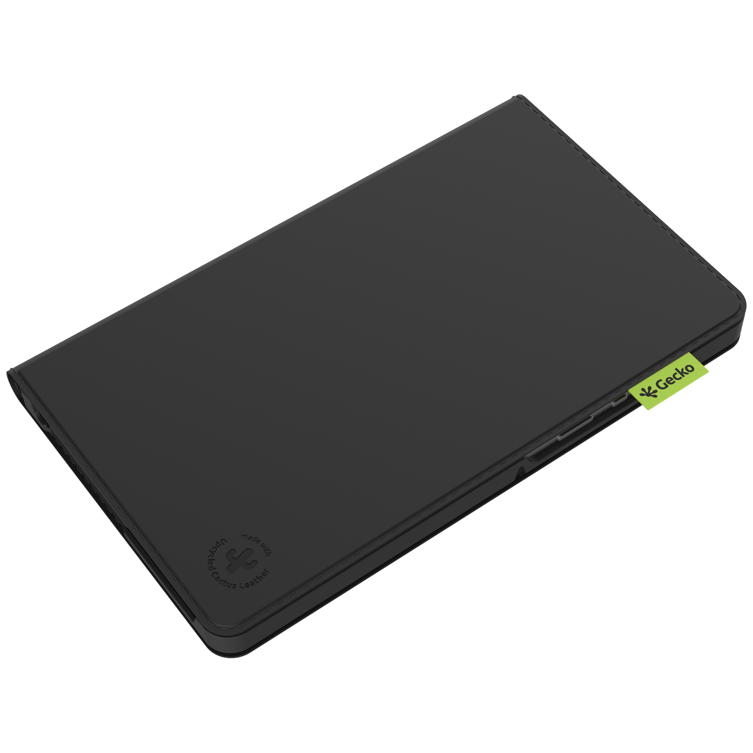 A black tablet case made of upcycled cactus leather. It has a Gecko logo and a label.