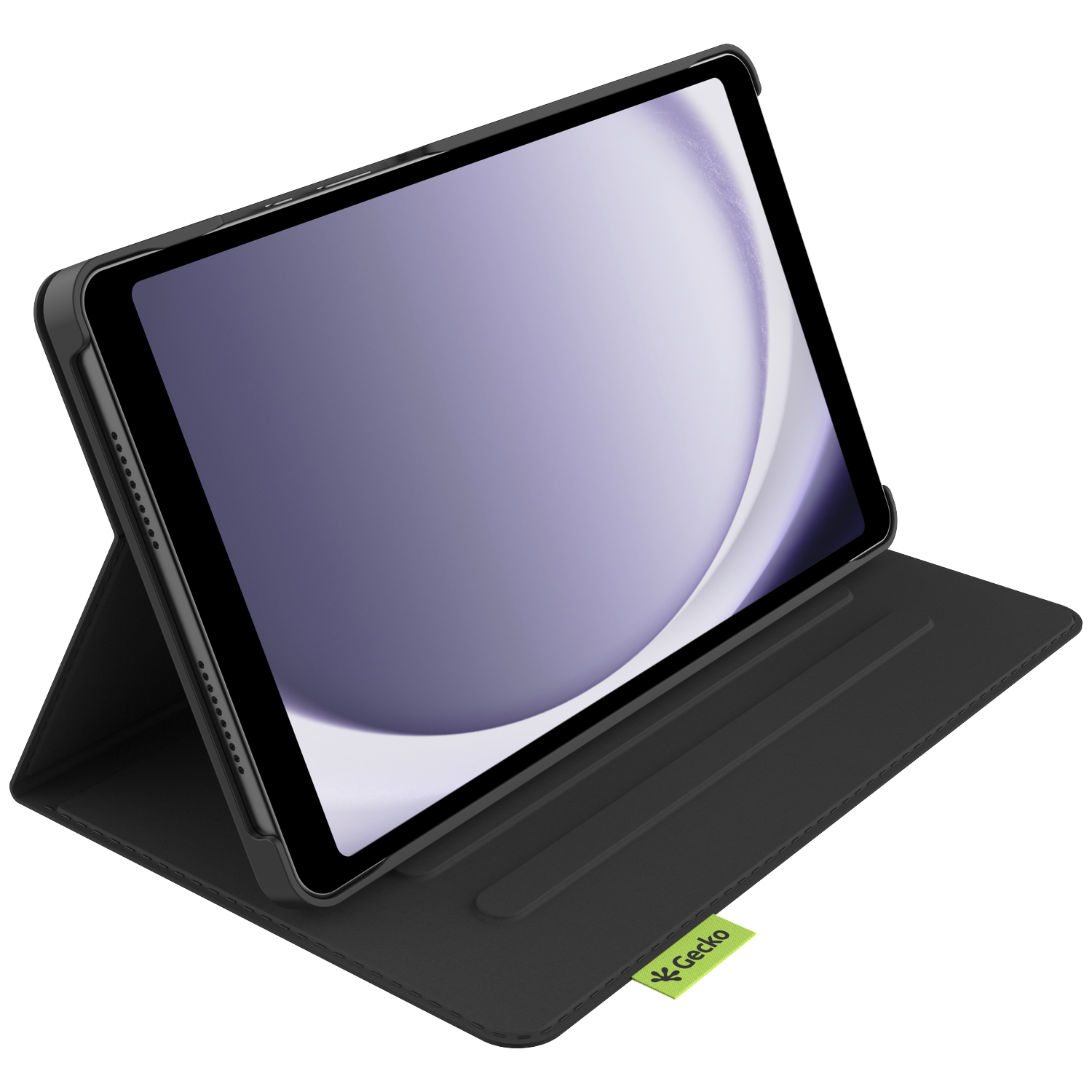 A black tablet in a black case is displayed at an angle. The screen shows a light purple design. A green Gecko tag is visible.