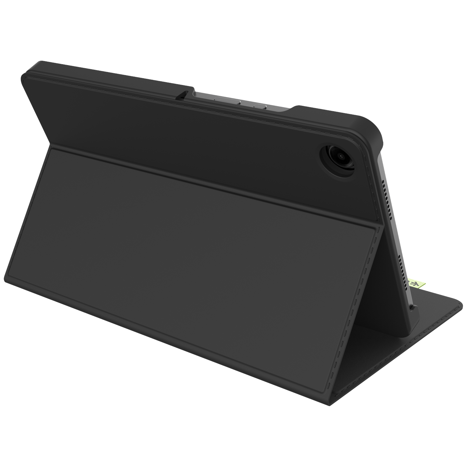 Black tablet in a protective case, open and angled. Shows the screen, camera, and the case's front cover.